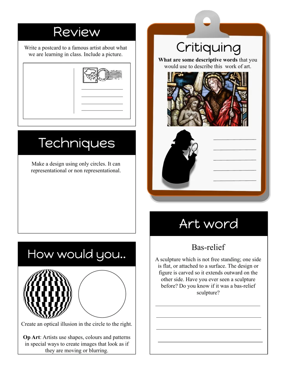 Bas-relief art word bell ringer: students design with circles, make an optical illusion and write a postcard