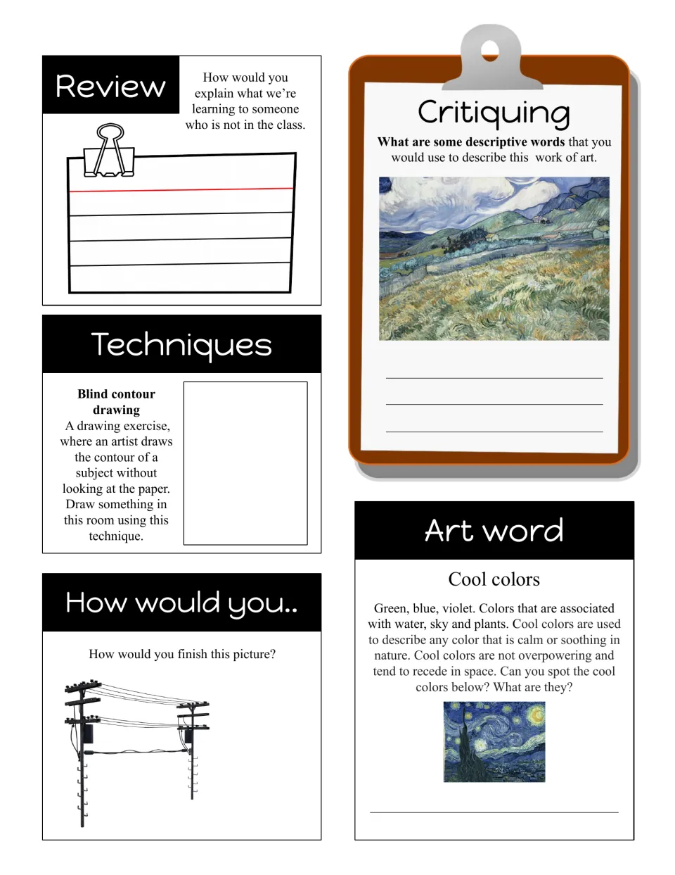 Cool colors art word bell ringer: students try blind contour drawing, finish a power-line picture, describe a painting