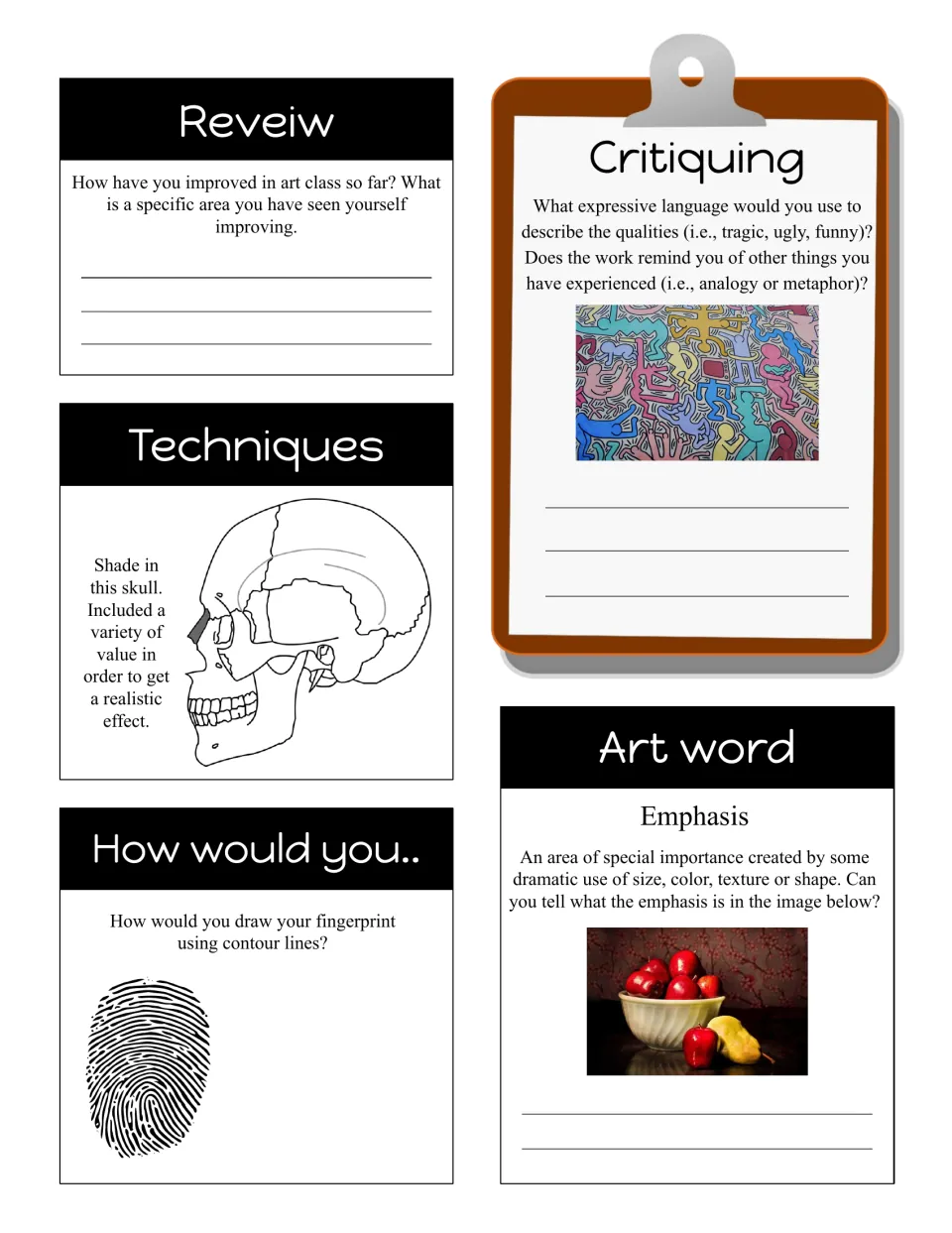 Emphasis art word bell ringer: students shade a skull, draw a fingerprint in contour lines and reflect on progress