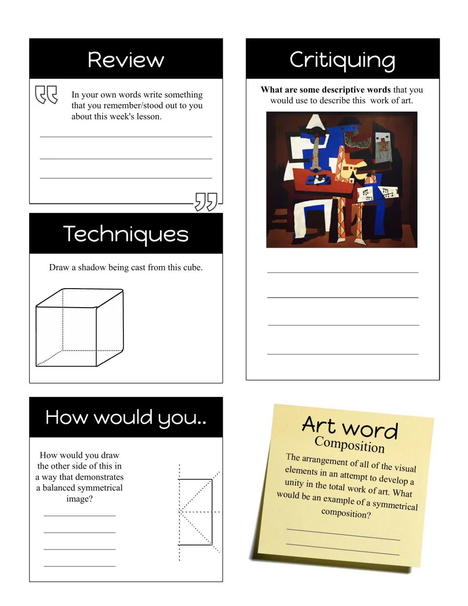 Composition art word bell ringer: students draw a cube's shadow, mirror a half image and describe a painting