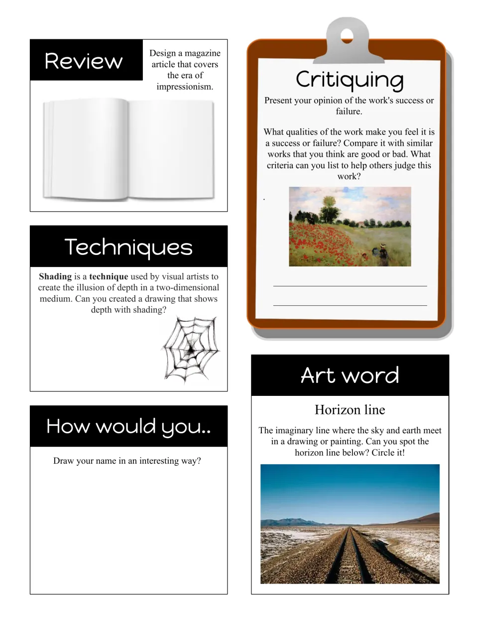 Horizon line art word bell ringer: students circle it in a photo, shade for depth and draw their name