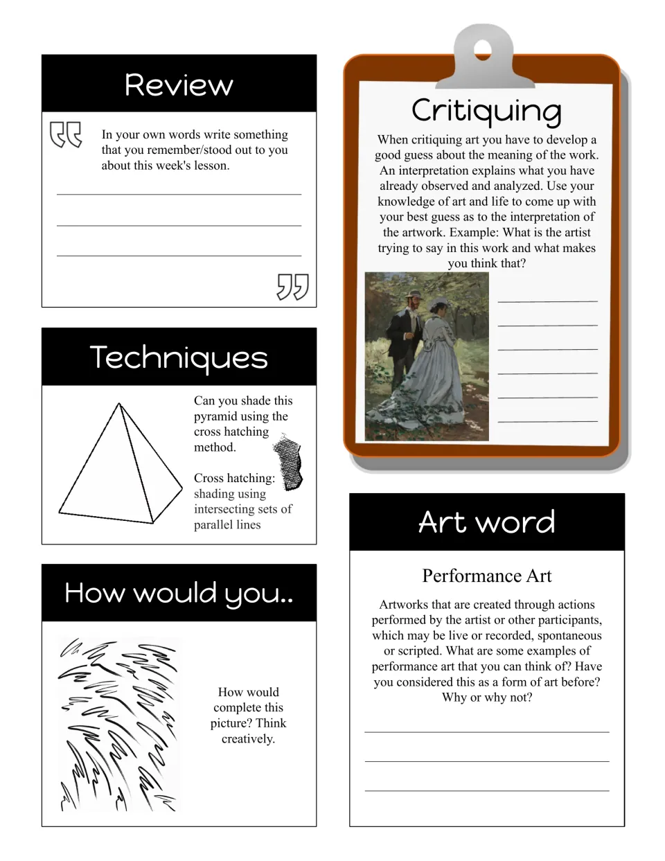 Performance art word bell ringer: students cross hatch a pyramid, complete a brushstroke picture and interpret a painting