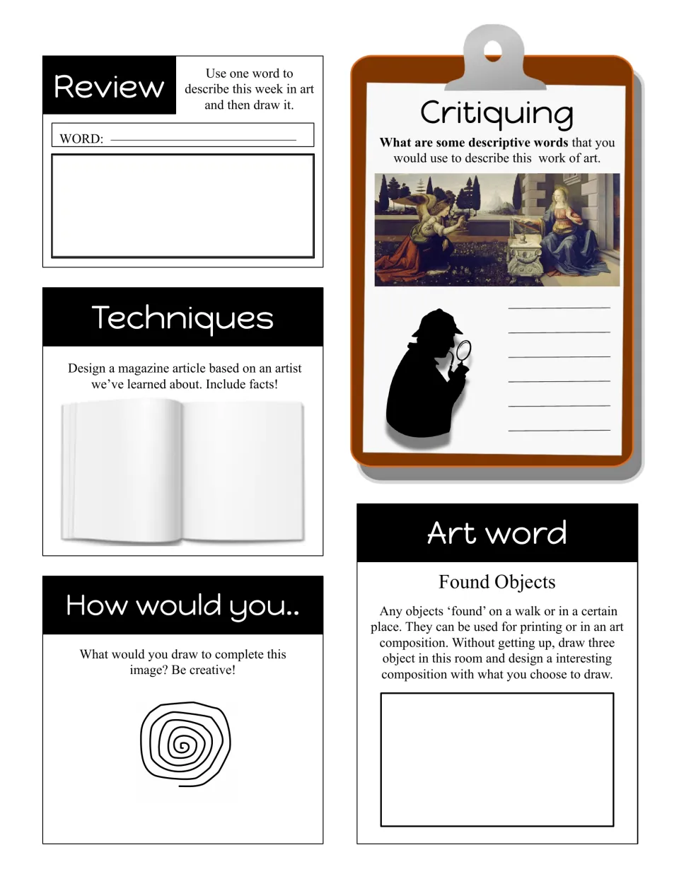Found objects art word bell ringer: students draw three room objects, add to a spiral and sum up the week in one word