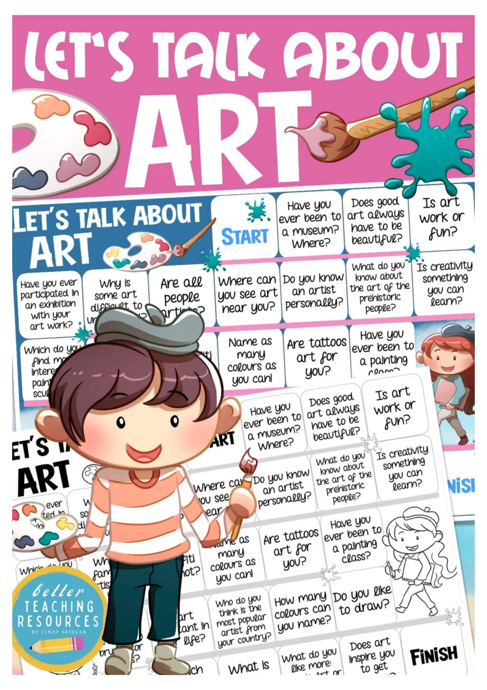 Let's Talk About Art speaking game cover showing board questions, a palette and brush, and a child artist in a beret