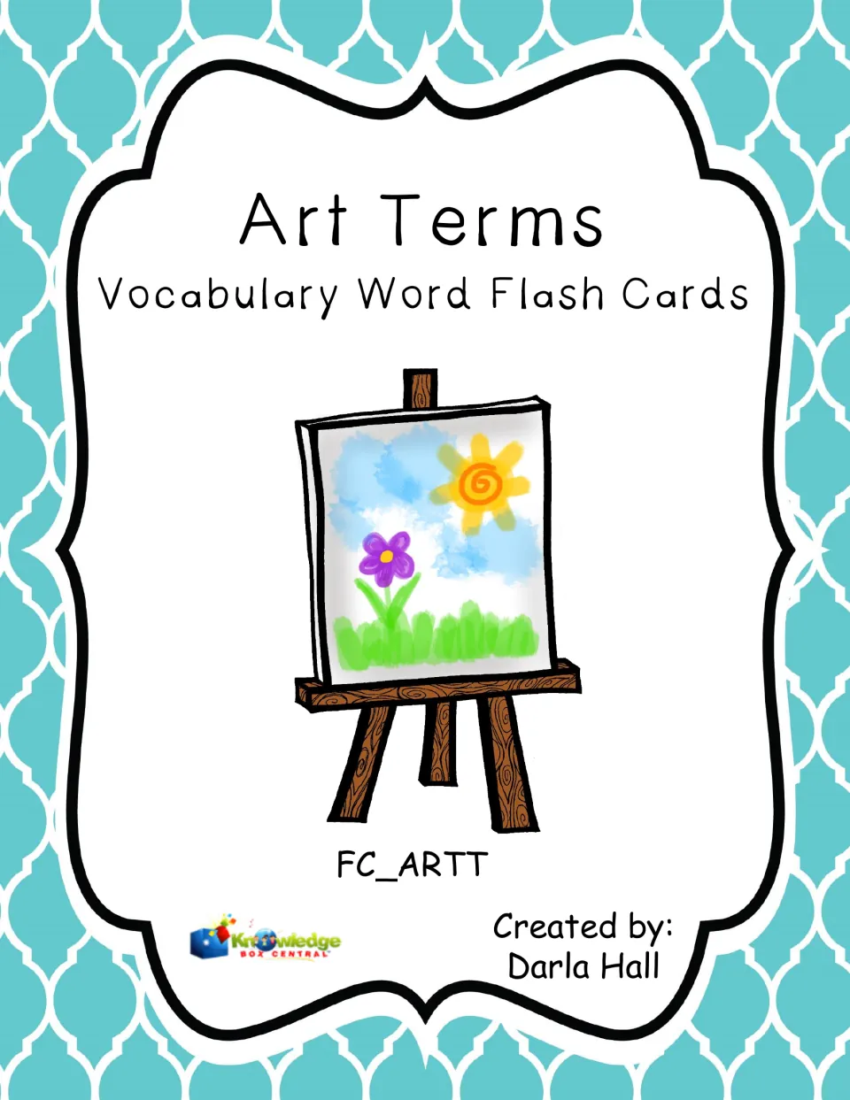 Art terms vocabulary word flash cards cover with a painting of a sun and flower on an easel, credited to Darla Hall