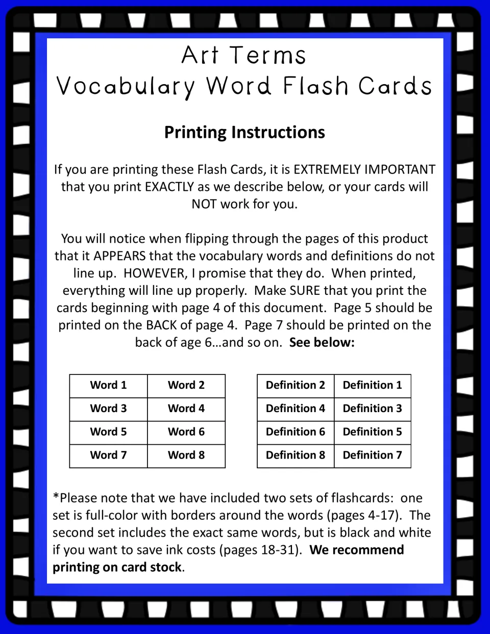 Printing instructions: print from page 4 double-sided so each word lines up with its definition; two sets included