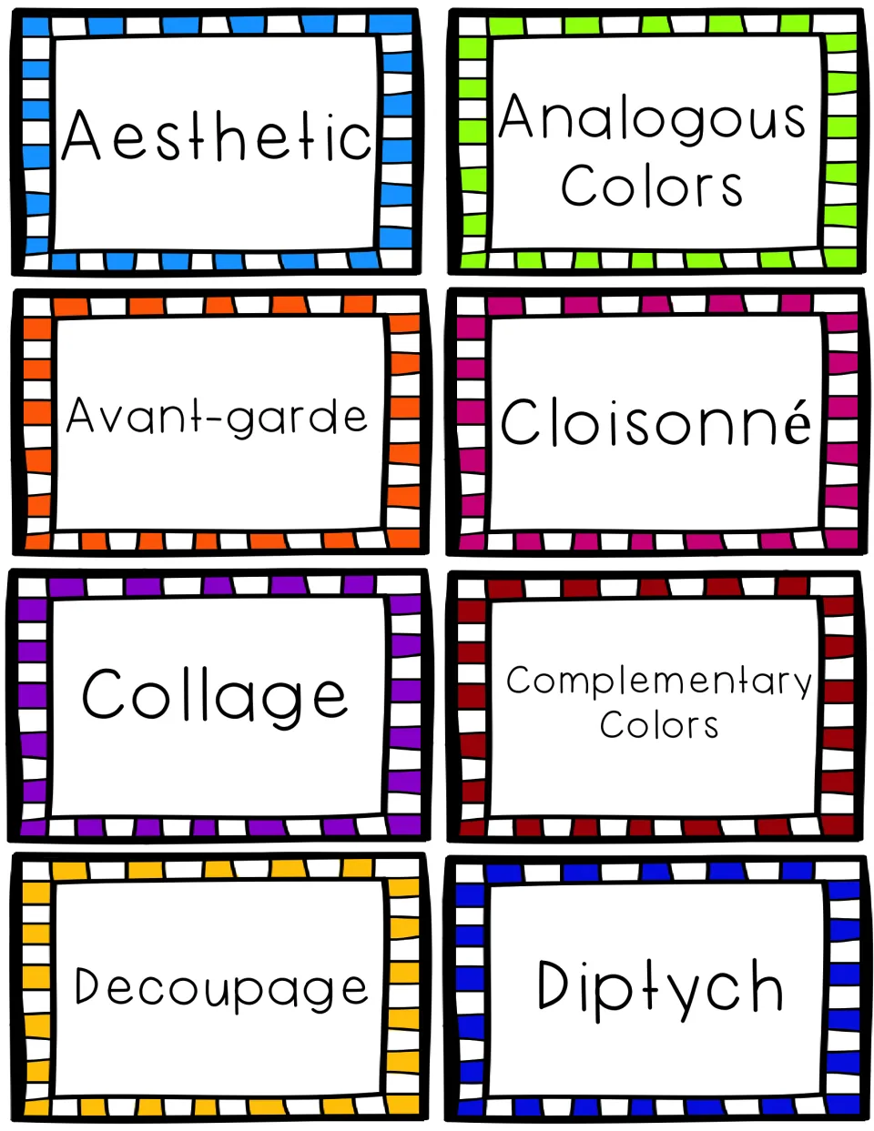 Art term word cards from Aesthetic to Diptych, including analogous colors, collage, decoupage and complementary colors