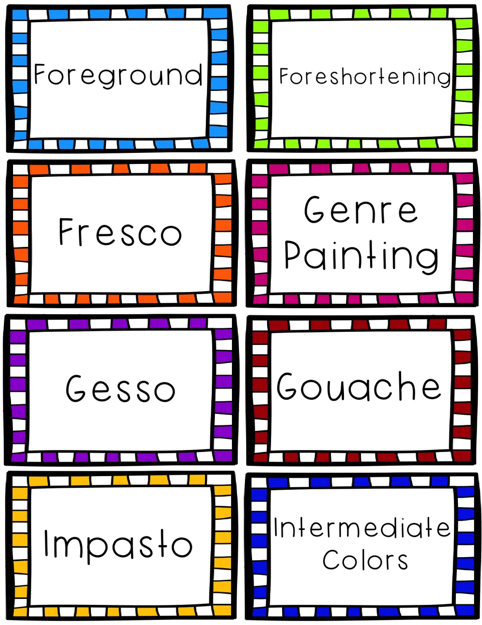 Art term word cards from Foreground to Intermediate Colors, including fresco, genre painting, gesso and gouache
