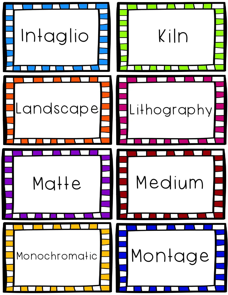Art term word cards from Intaglio to Montage, including kiln, landscape, lithography, matte, medium and monochromatic
