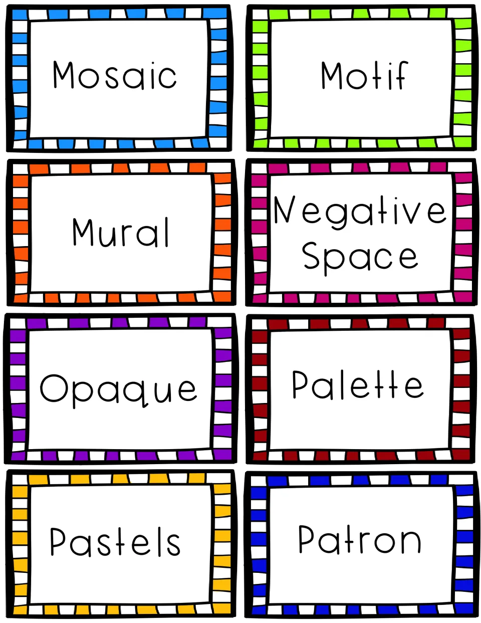 Art term word cards from Mosaic to Patron, including motif, mural, negative space, opaque, palette and pastels