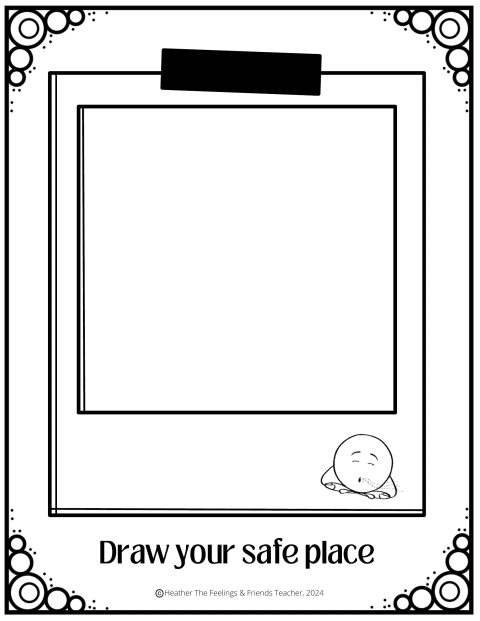 Safe place drawing prompt: students draw a place where they feel safe inside a photo frame beside a calm, resting character