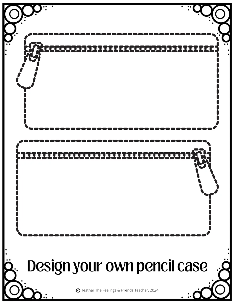 Pencil case design prompt: two zippered pouch outlines for students to fill with patterns, pictures or their name