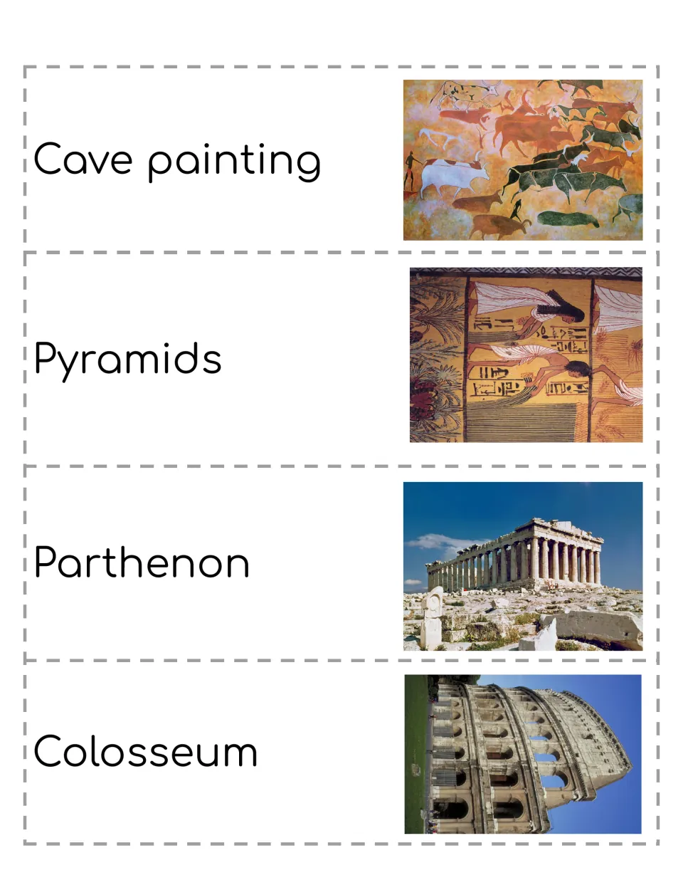 Art history journal cutouts 1–4: Cave painting, Pyramids, Parthenon, and Colosseum, each illustrated