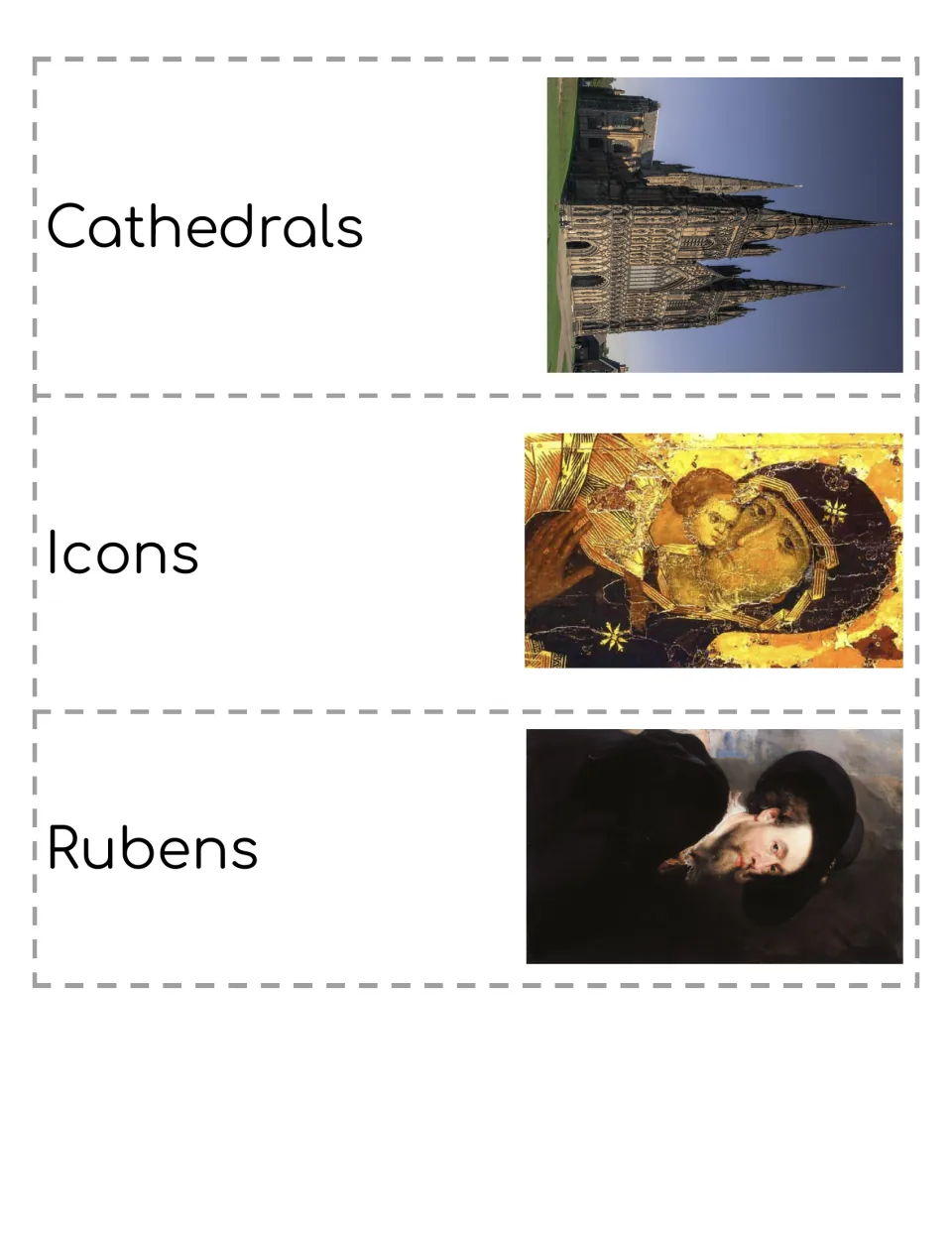 Art history journal cutouts 5–7: Cathedrals, Icons, and Rubens, illustrated with architecture and paintings