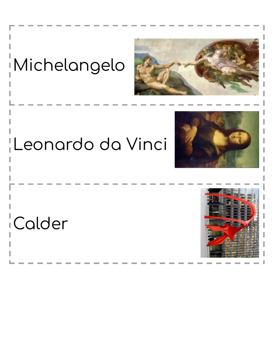 Art history journal cutouts 12–14: Michelangelo, Leonardo da Vinci, and Calder, with artwork examples