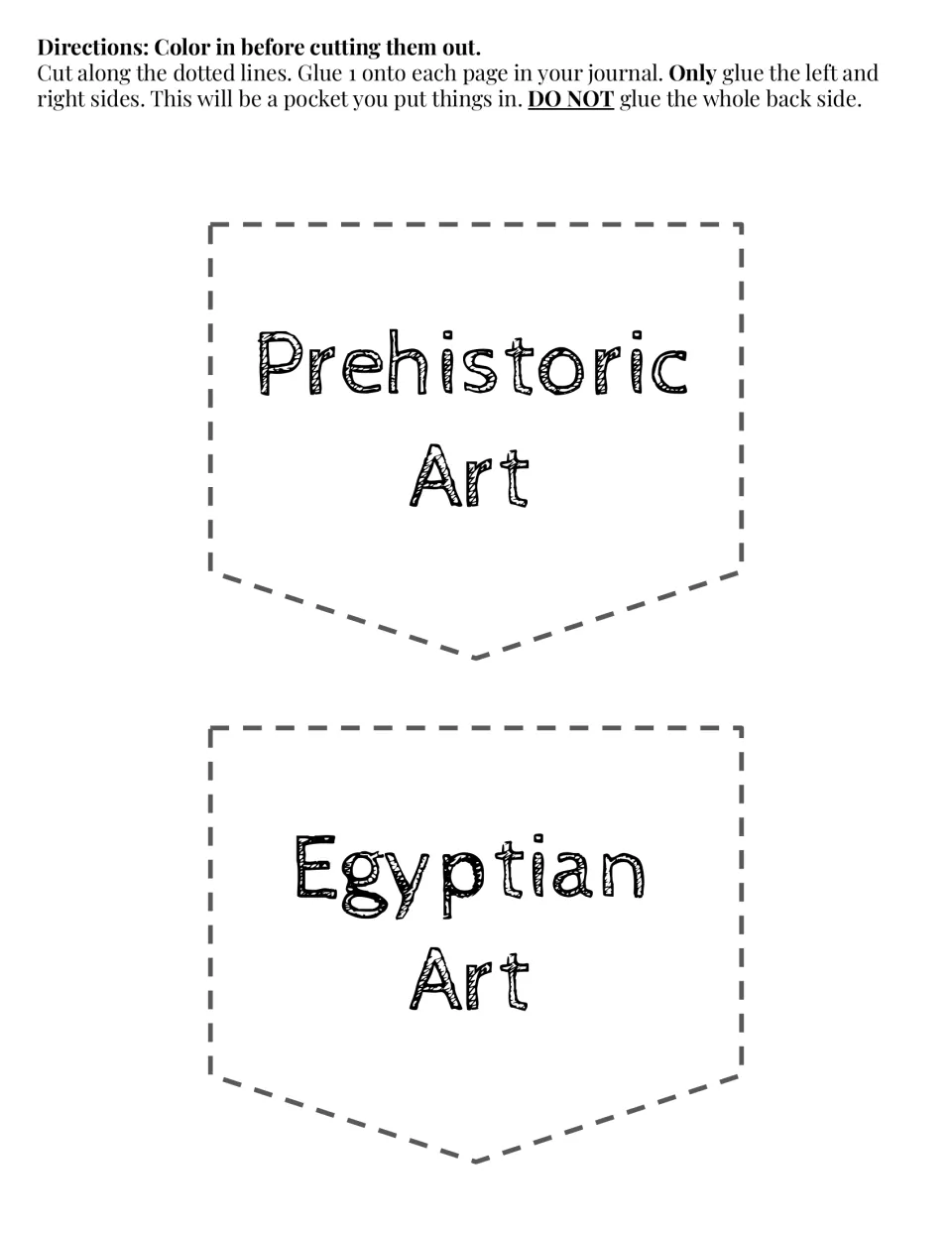 Prehistoric Art and Egyptian Art journal pockets to color, cut out, and glue along the left and right sides