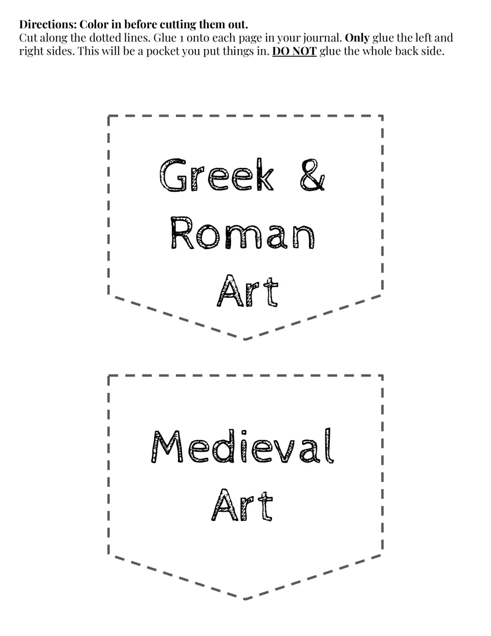 Greek & Roman Art and Medieval Art journal pockets to color and cut out, with directions for gluing