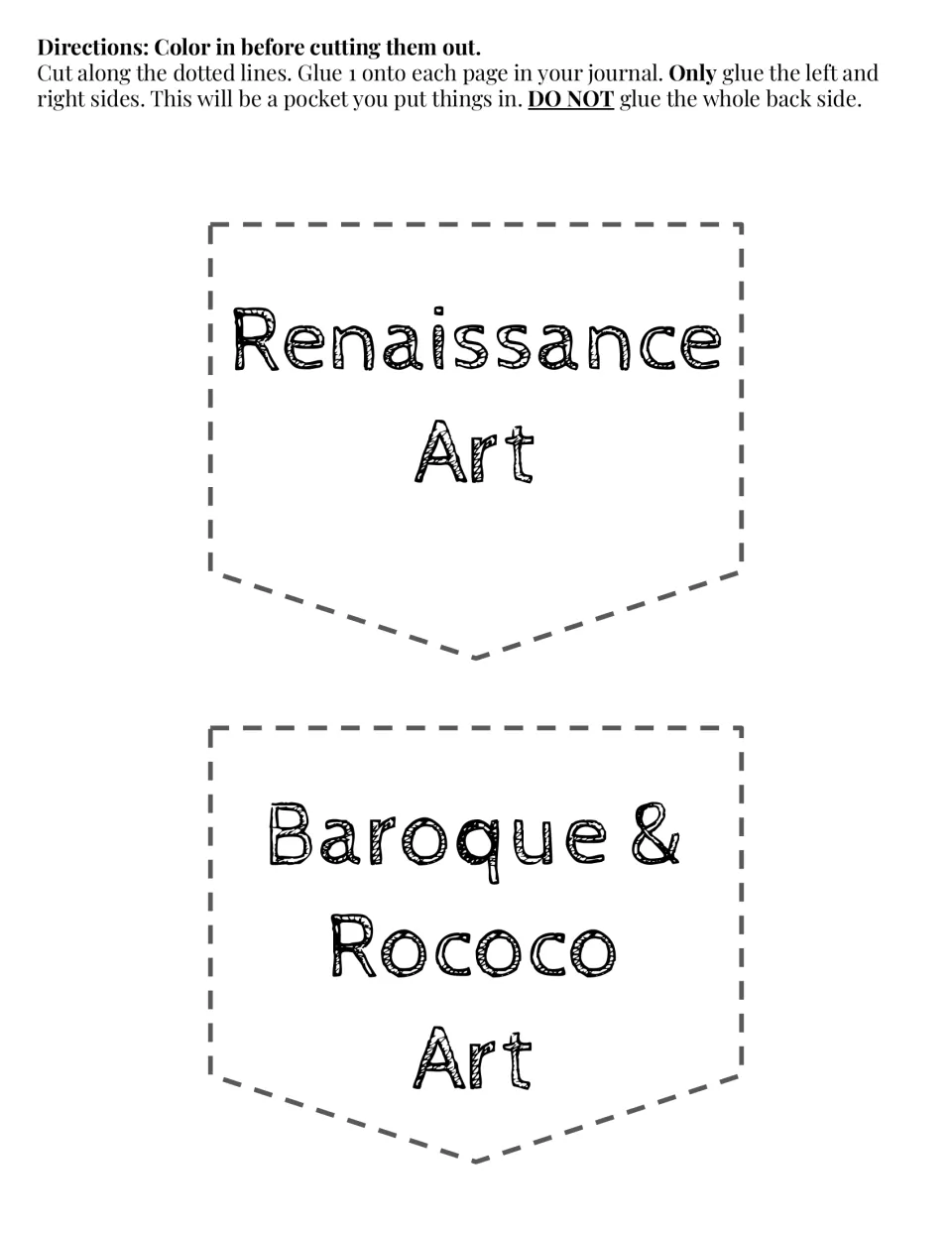 Renaissance Art and Baroque & Rococo Art journal pockets to color and cut out, with gluing directions