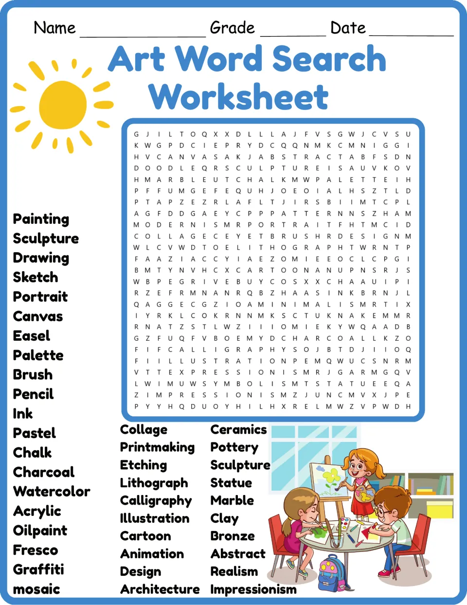 Art word search in color: students find art terms like painting, sculpture, canvas, easel and fresco in the letter grid