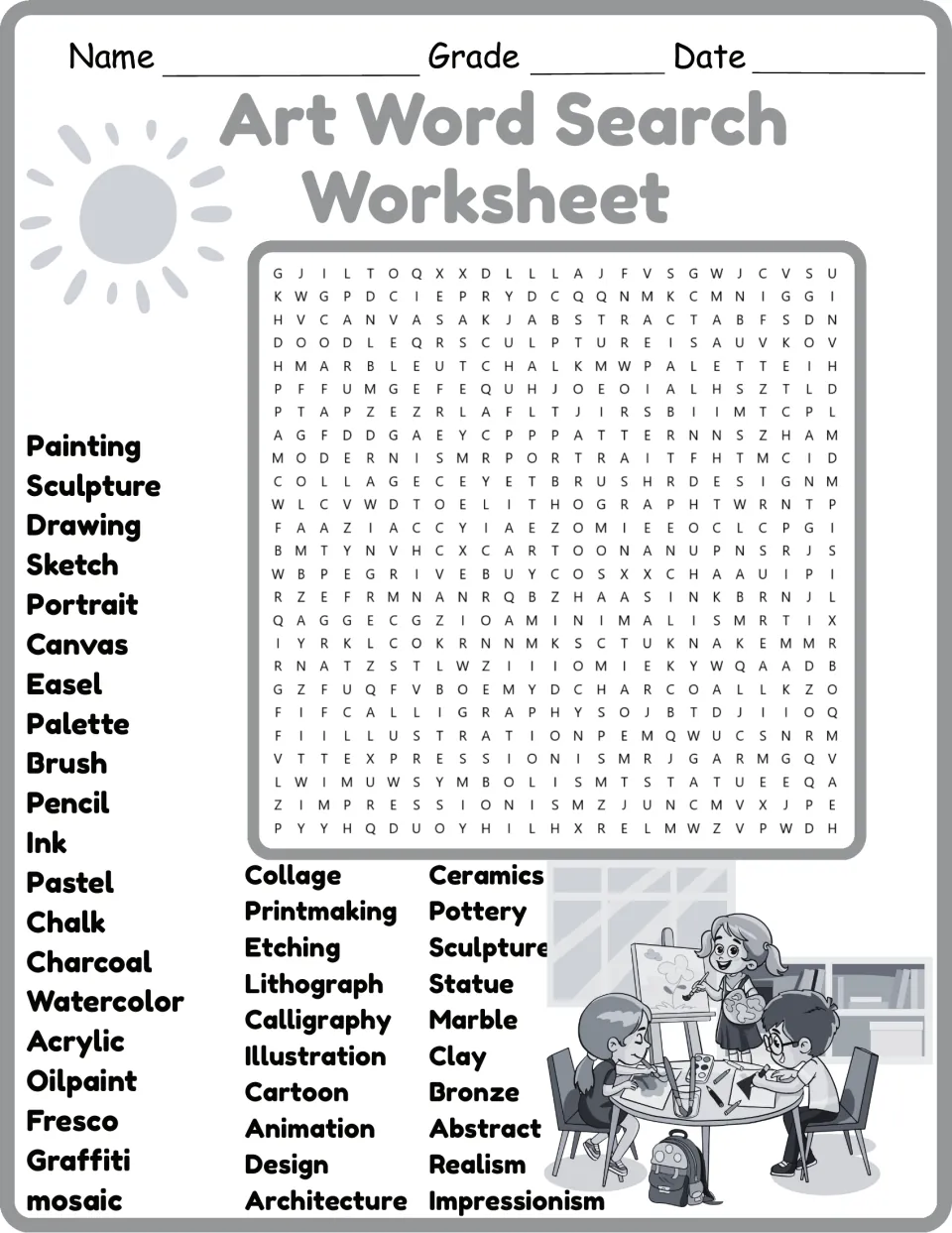 Art word search in black and white: students hunt for art vocabulary such as watercolor, pottery, collage and calligraphy