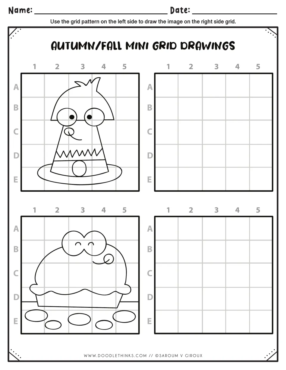 Autumn drawing practice: students copy a smiling candy corn on a plate and a cartoon pie square by square into blank copies