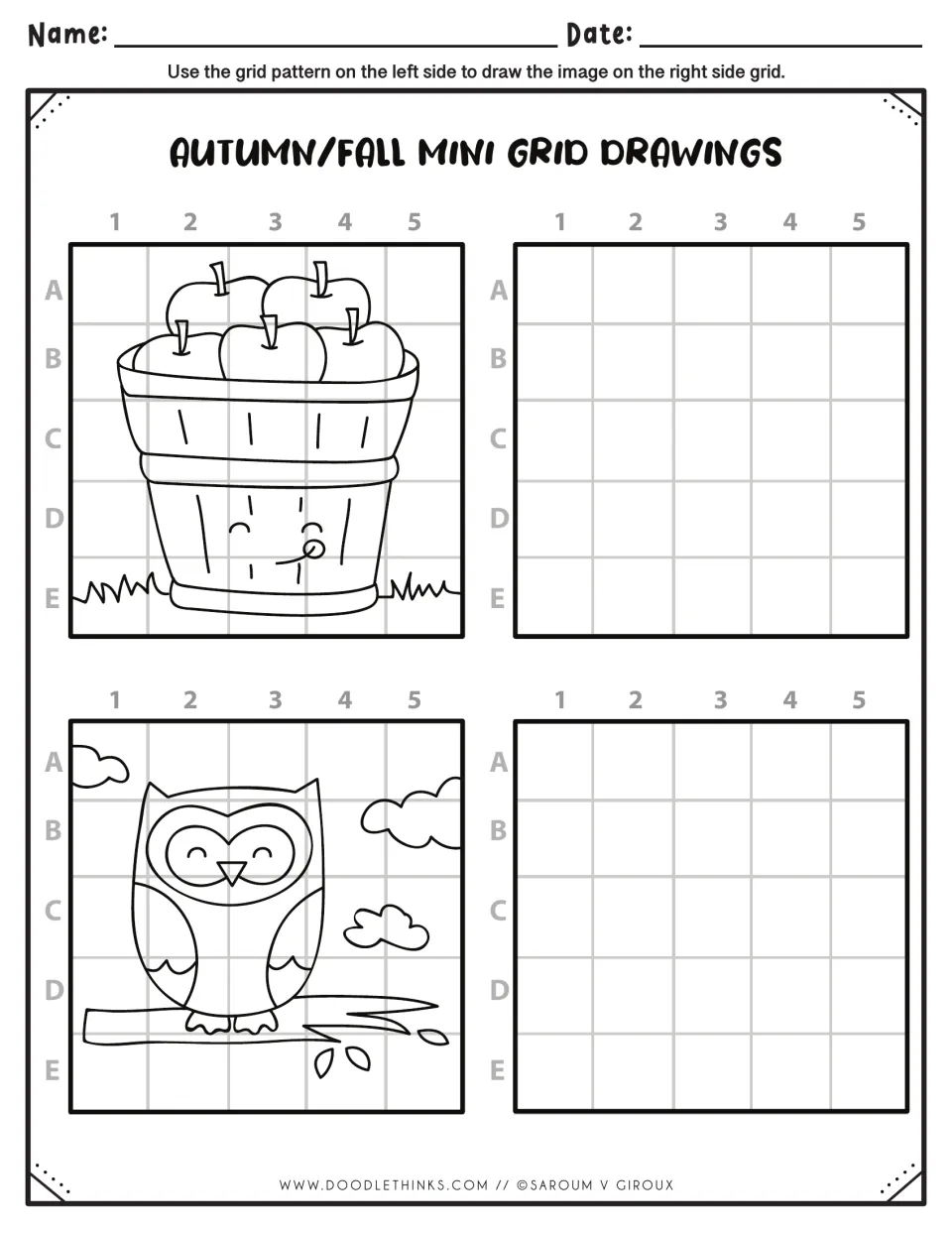 Fall copy drawing: students reproduce a smiling bushel basket of apples and an owl on a branch, matching each lettered row