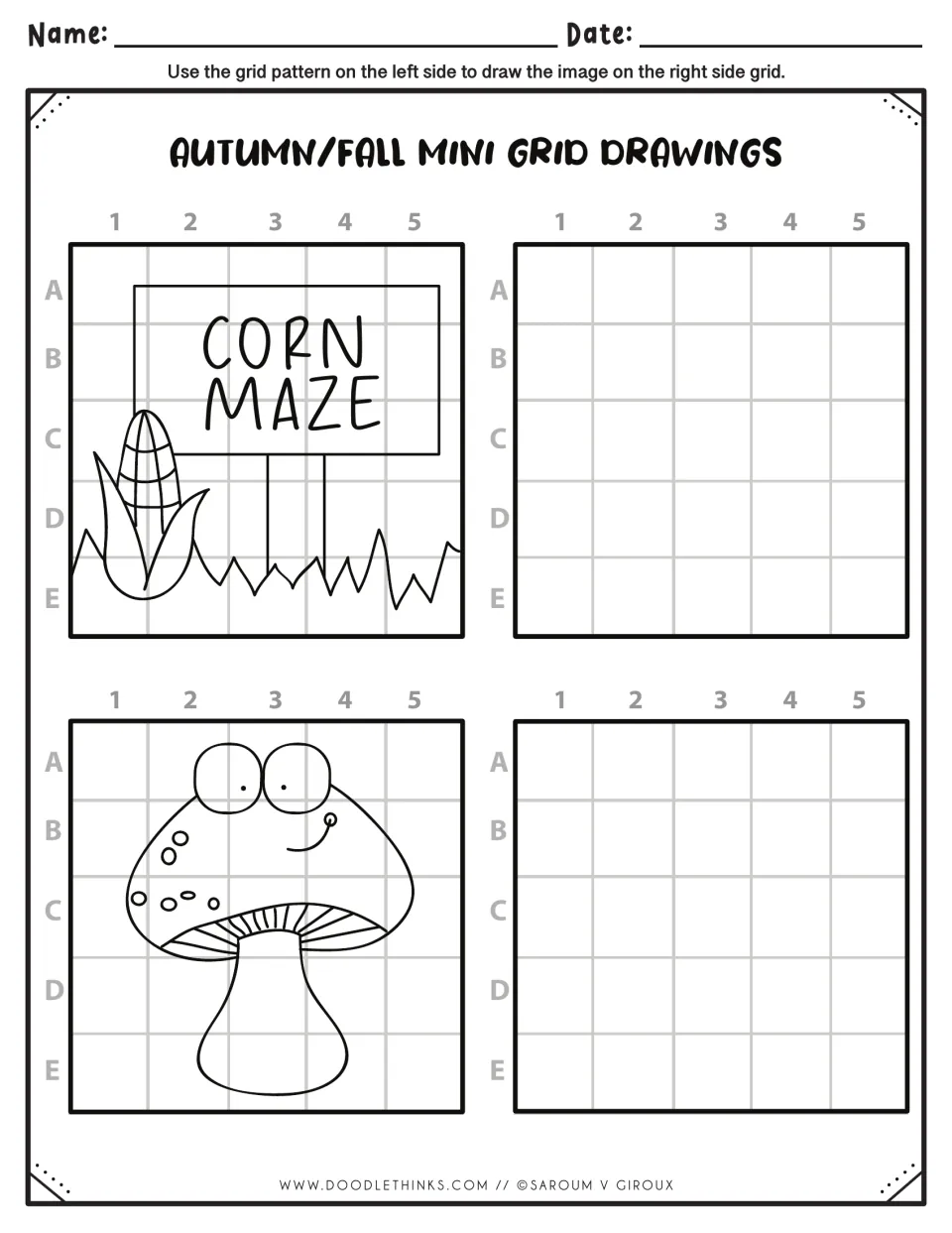 Autumn copy drawing: students redraw a CORN MAZE sign with an ear of corn and a smiling mushroom using numbered guides