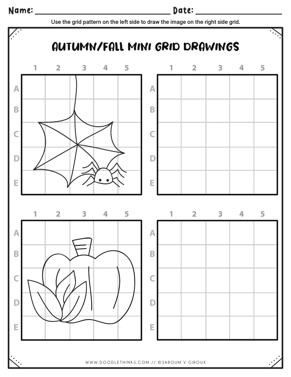 Fall drawing practice: students copy a hanging spider web with a small spider and a leafy pumpkin, one square at a time