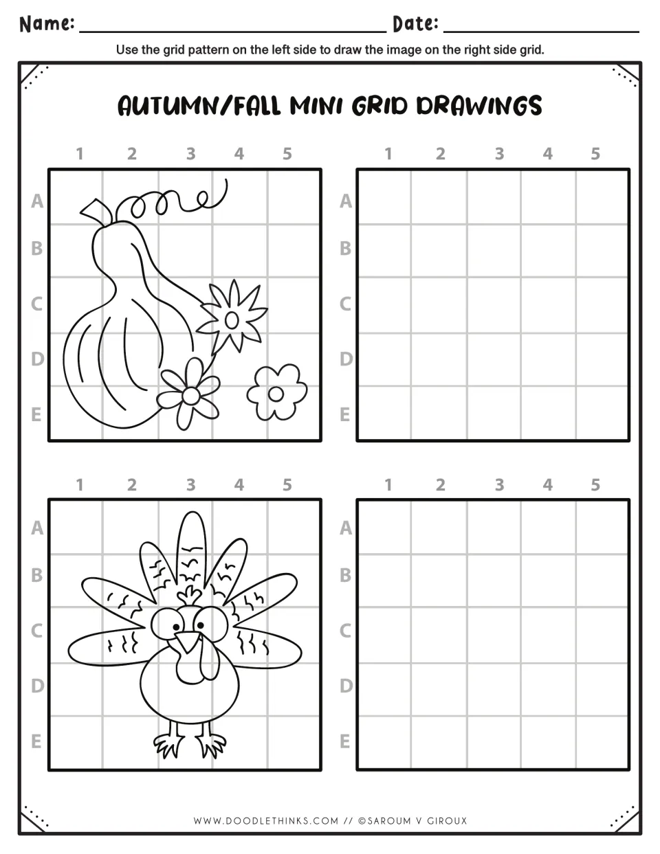 Autumn copy drawing: students reproduce a gourd with a curly vine and flowers, plus a cartoon turkey, square by square