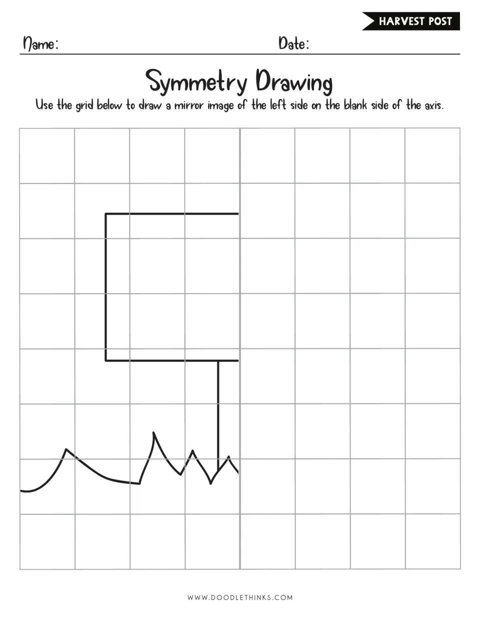 Harvest post symmetry drawing: students mirror the left half of a sign on a post above grass across the center axis