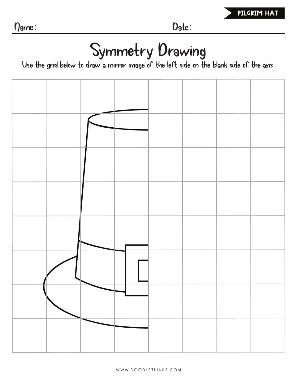 Pilgrim hat symmetry drawing: students complete the hat by mirroring its left half, including the brim, band and buckle