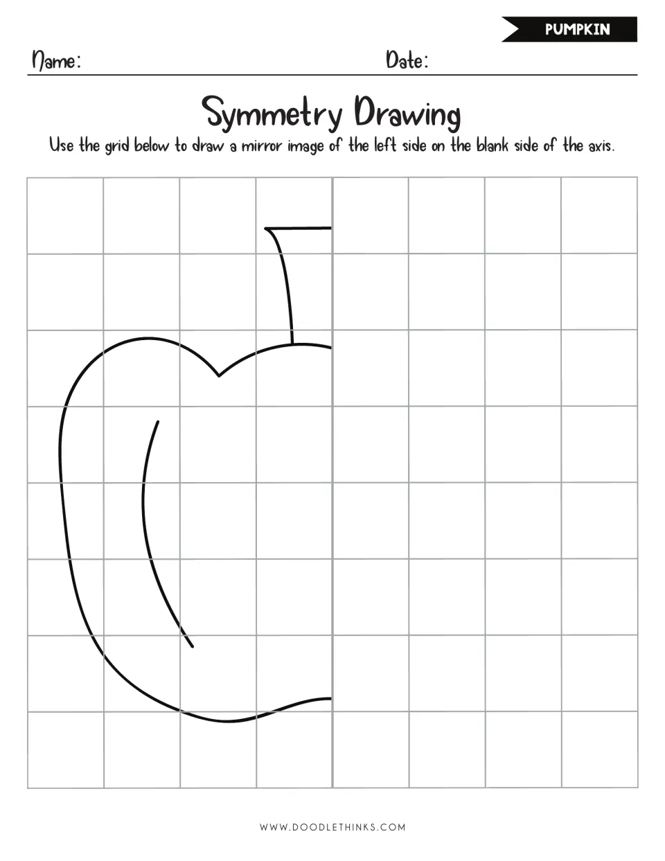 Pumpkin symmetry drawing: students reflect the left half of a pumpkin with its stem and rib line to finish the whole shape