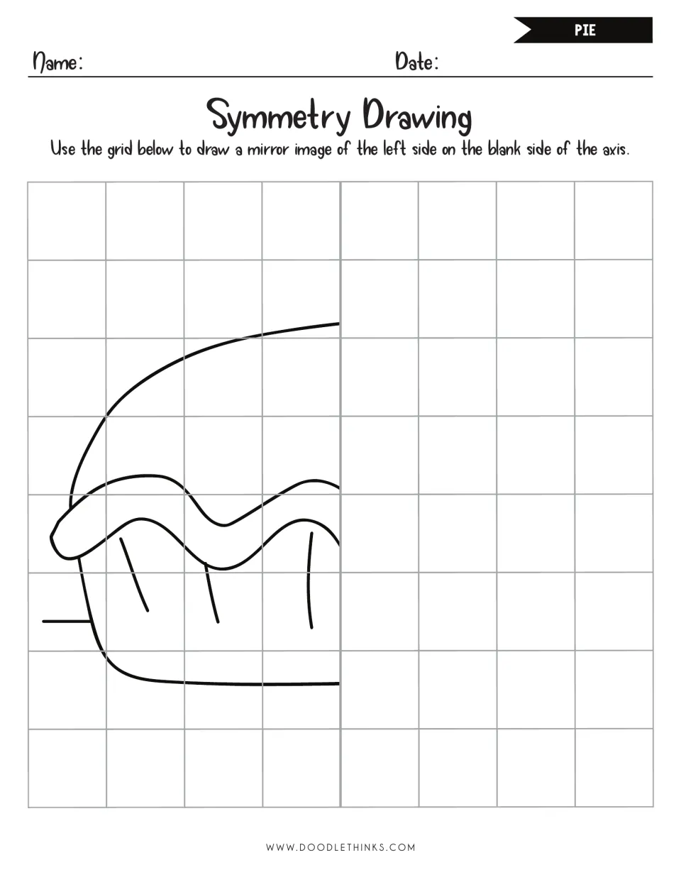 Pie symmetry drawing: students copy the left half of a pie with wavy crust and filling onto the blank right side