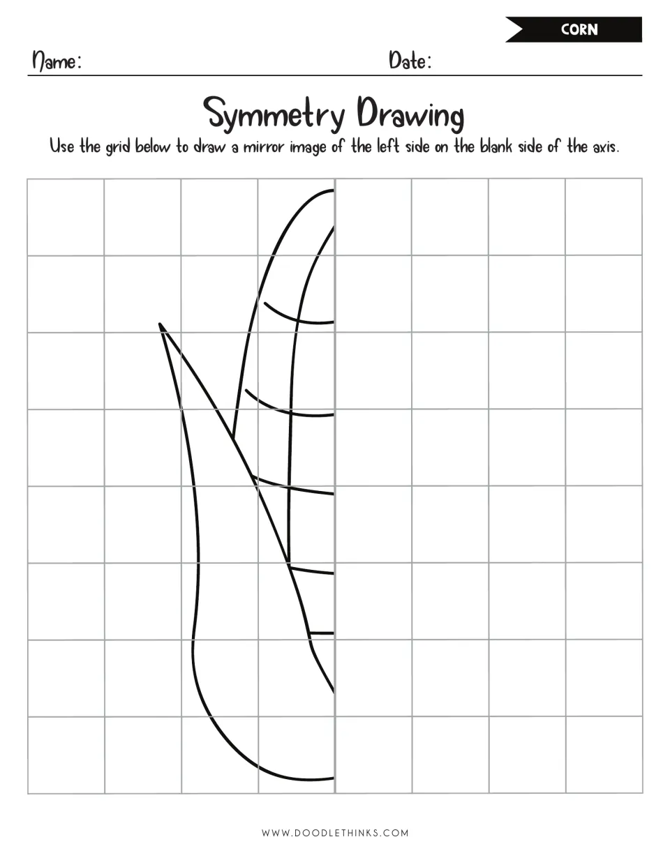 Corn symmetry drawing: students mirror the left half of an ear of corn with its husk leaf and kernel rows across the axis