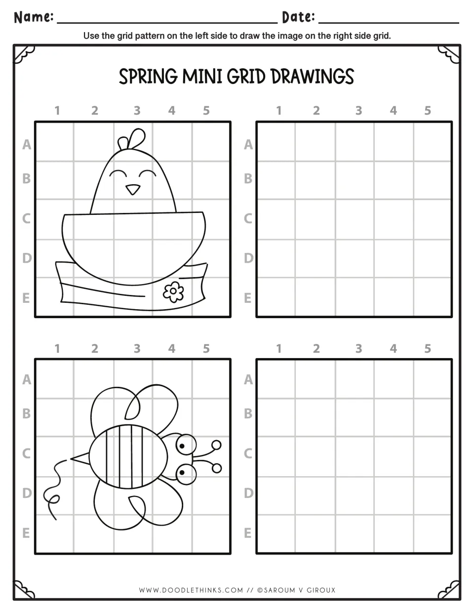 Spring mini grid drawings: students copy a chick in a nest and a striped bee square by square using A-E and 1-5 labels