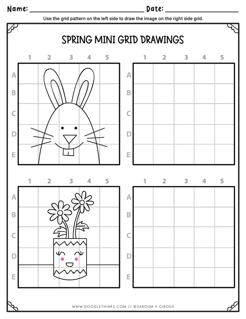 Spring drawing practice: students reproduce a smiling bunny face and potted daisies cell by cell in matching empty squares