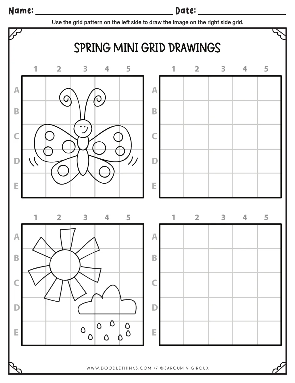 Spring copy drawing: students recreate a spotted butterfly and a sun beside a rain cloud, matching letter-number cells