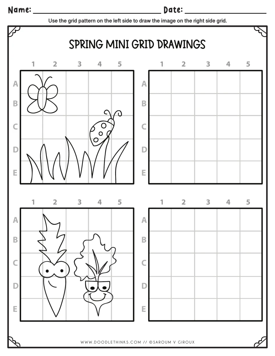 Spring garden drawings: students copy a butterfly and ladybug over grass, then a carrot and radish, one square at a time