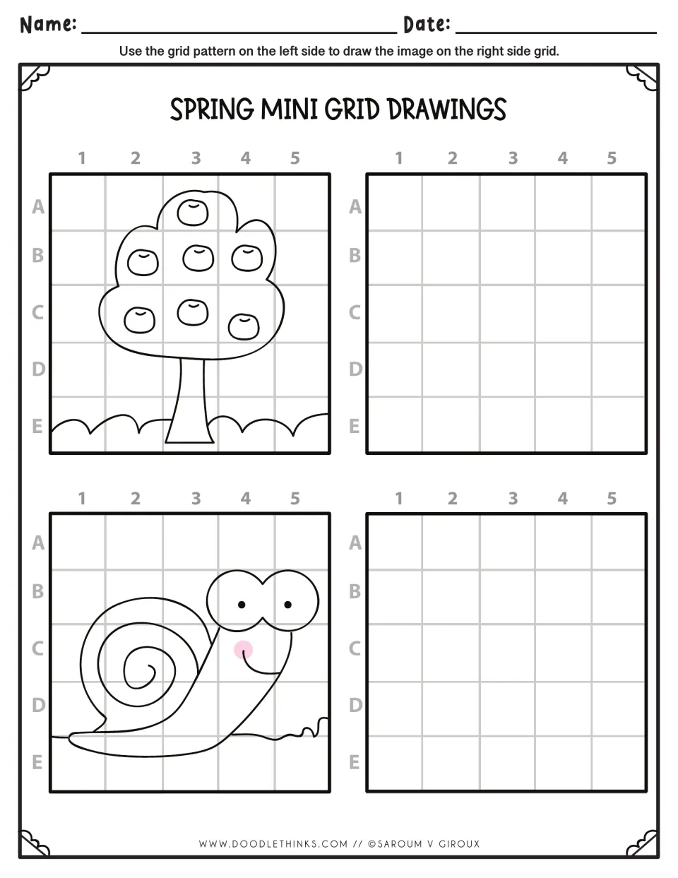 Spring grid copying: students draw a fruit tree and a smiling snail into blank squares using coordinate labels