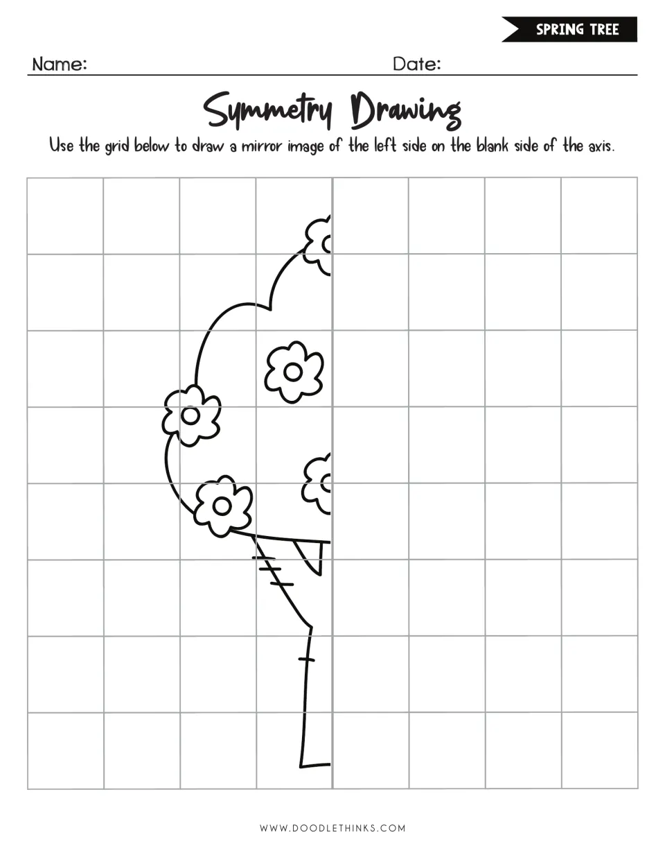 Spring tree symmetry drawing: students mirror the left half of a flowering tree with its trunk across the vertical axis