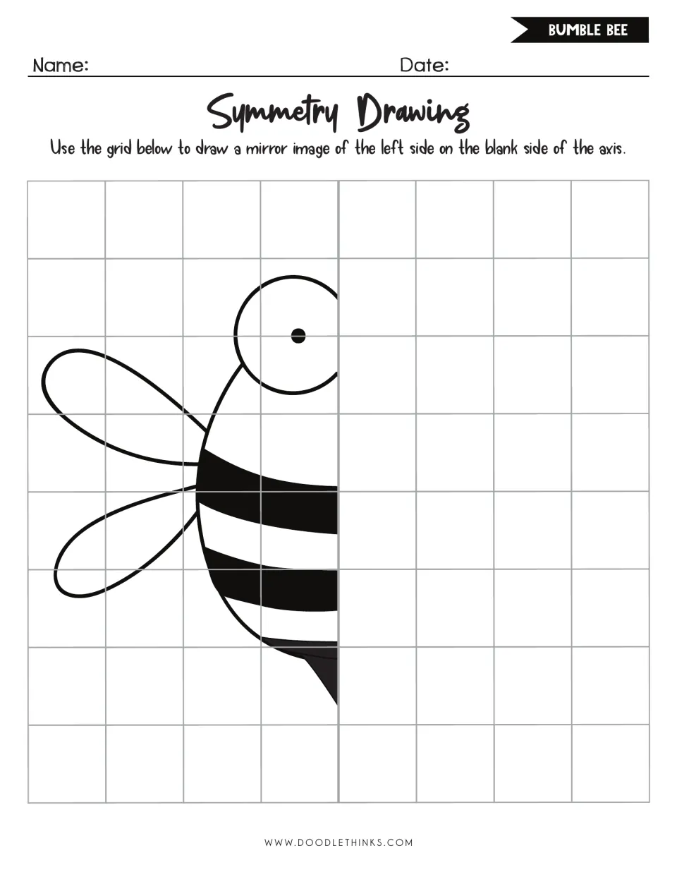Bumble bee symmetry drawing: students copy the left half of a striped bee with wings and an eye onto the blank right side
