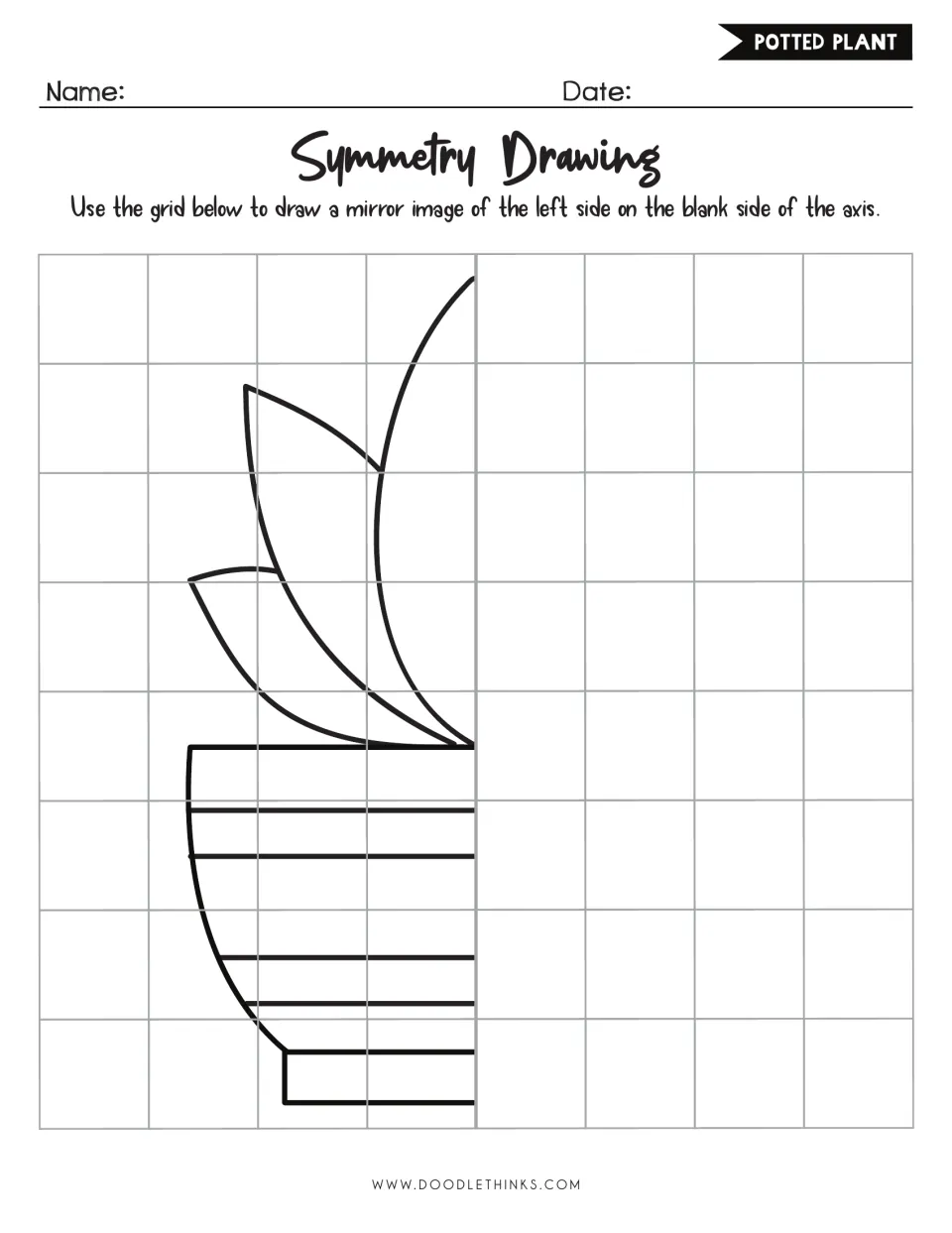 Potted plant symmetry drawing: students mirror half of a striped flowerpot and its pointed leaves to complete the plant