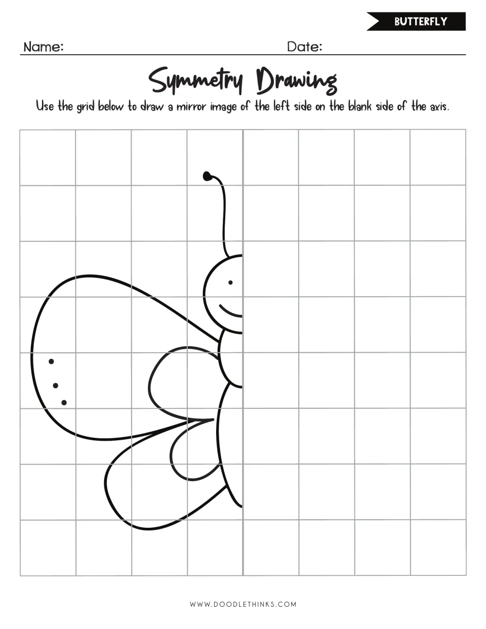 Butterfly symmetry drawing: students reflect half of a smiling butterfly with an antenna and two wings across the axis