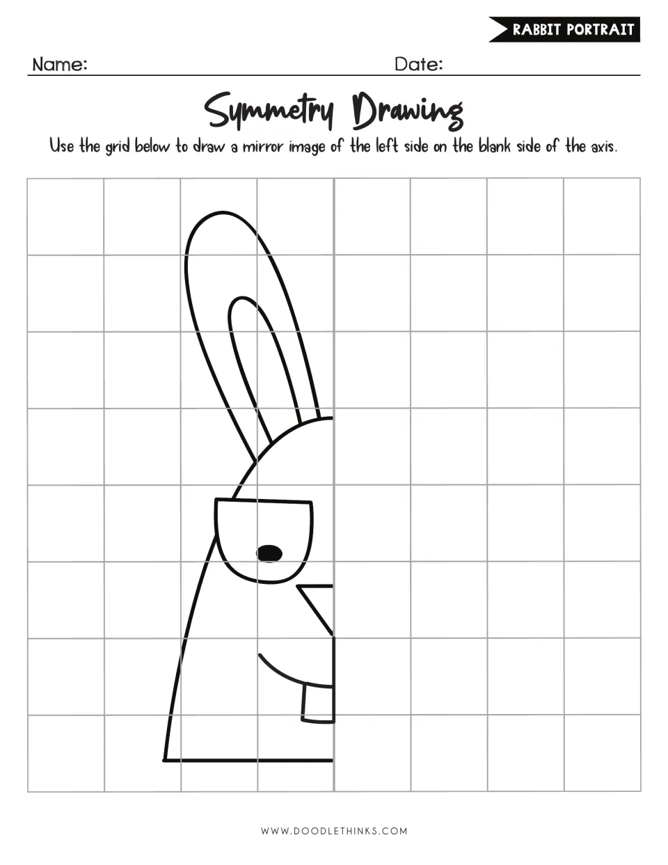 Rabbit portrait symmetry drawing: students complete a bunny face by mirroring its tall ear, eye, nose and buck tooth
