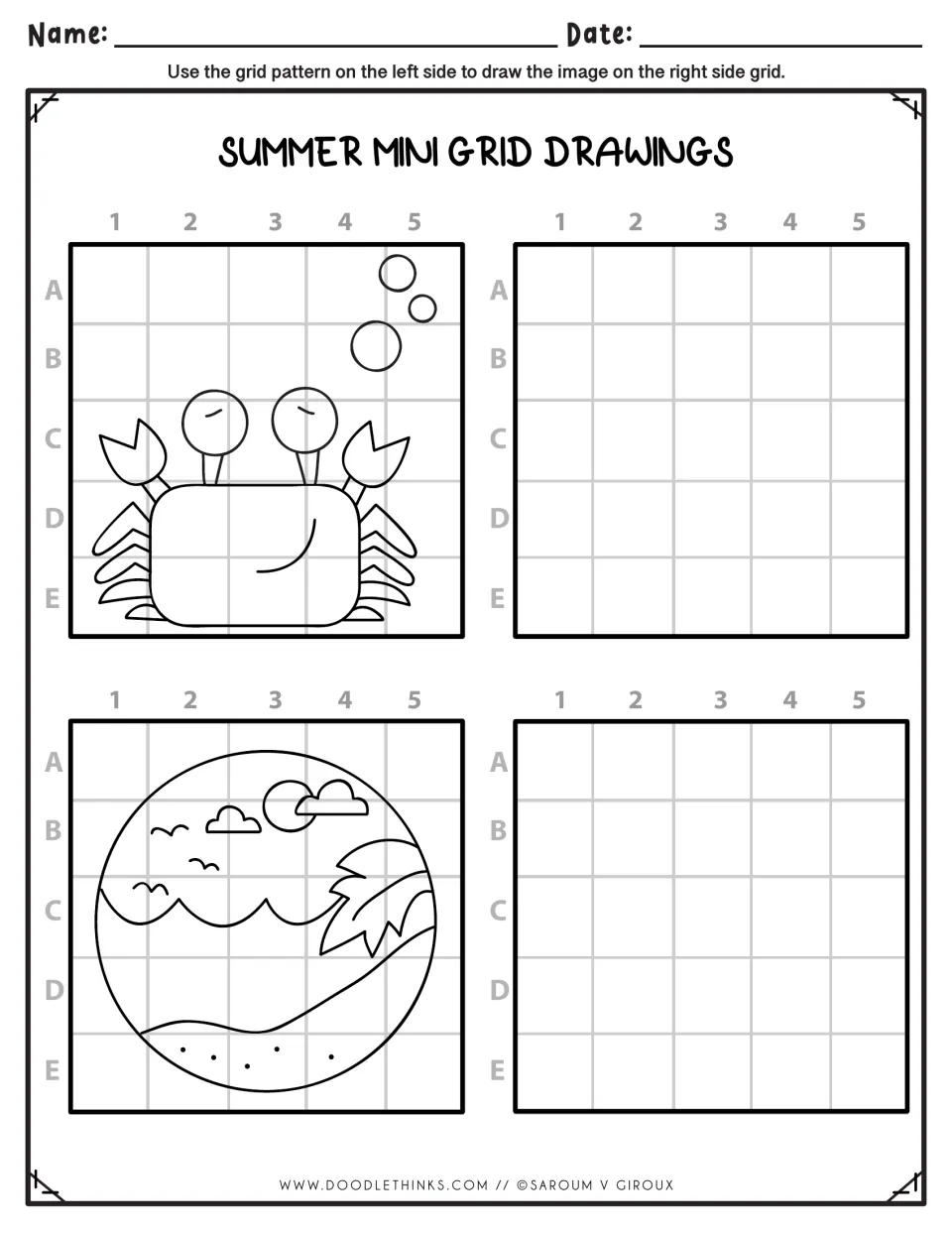 Summer drawing practice: students copy a crab with bubbles and a round beach scene with a palm tree, one square at a time