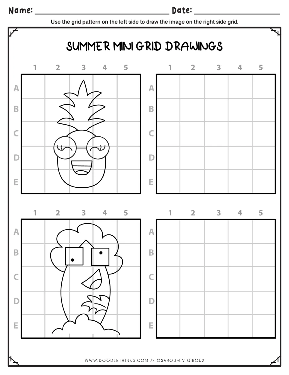 Summer copy drawing: students reproduce a smiling pineapple in glasses and a surfboard with a face, matching each square