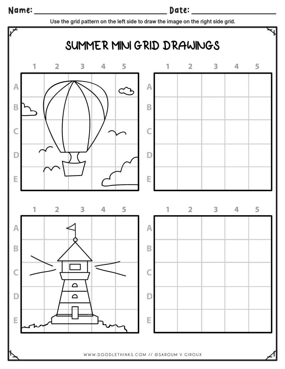 Sky and seaside drawing: students redraw a hot air balloon among clouds and a striped lighthouse, using A-E and 1-5 squares