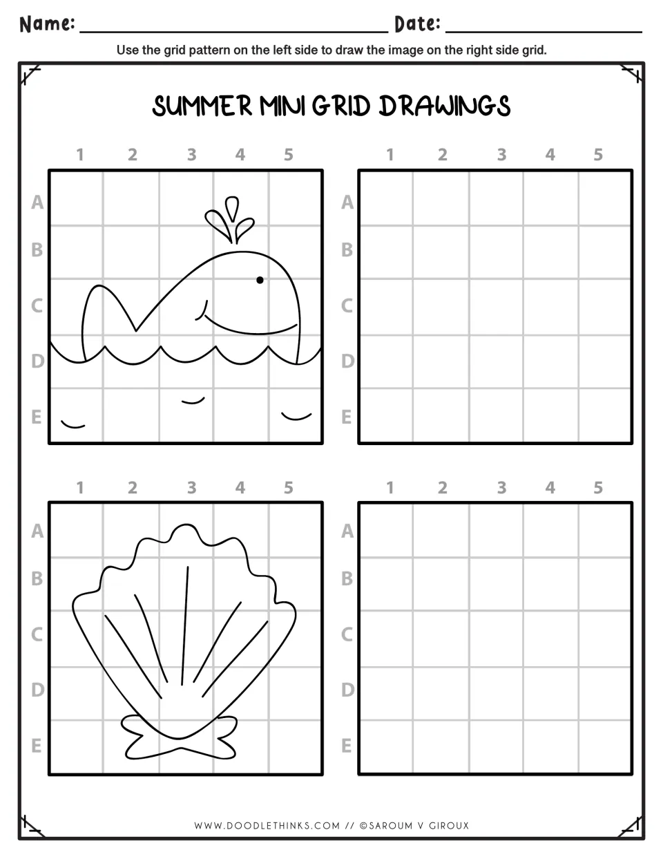 Sea creature drawing: students copy a spouting whale in waves and a scallop seashell, matching each lettered square