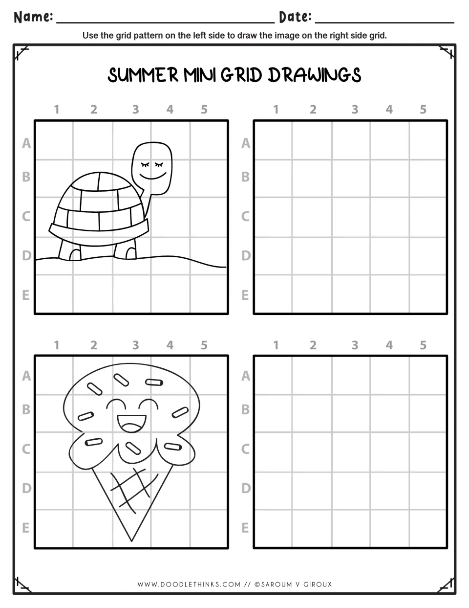 Summer treats and animals drawing: students copy a smiling turtle and a sprinkled ice cream cone, one square at a time