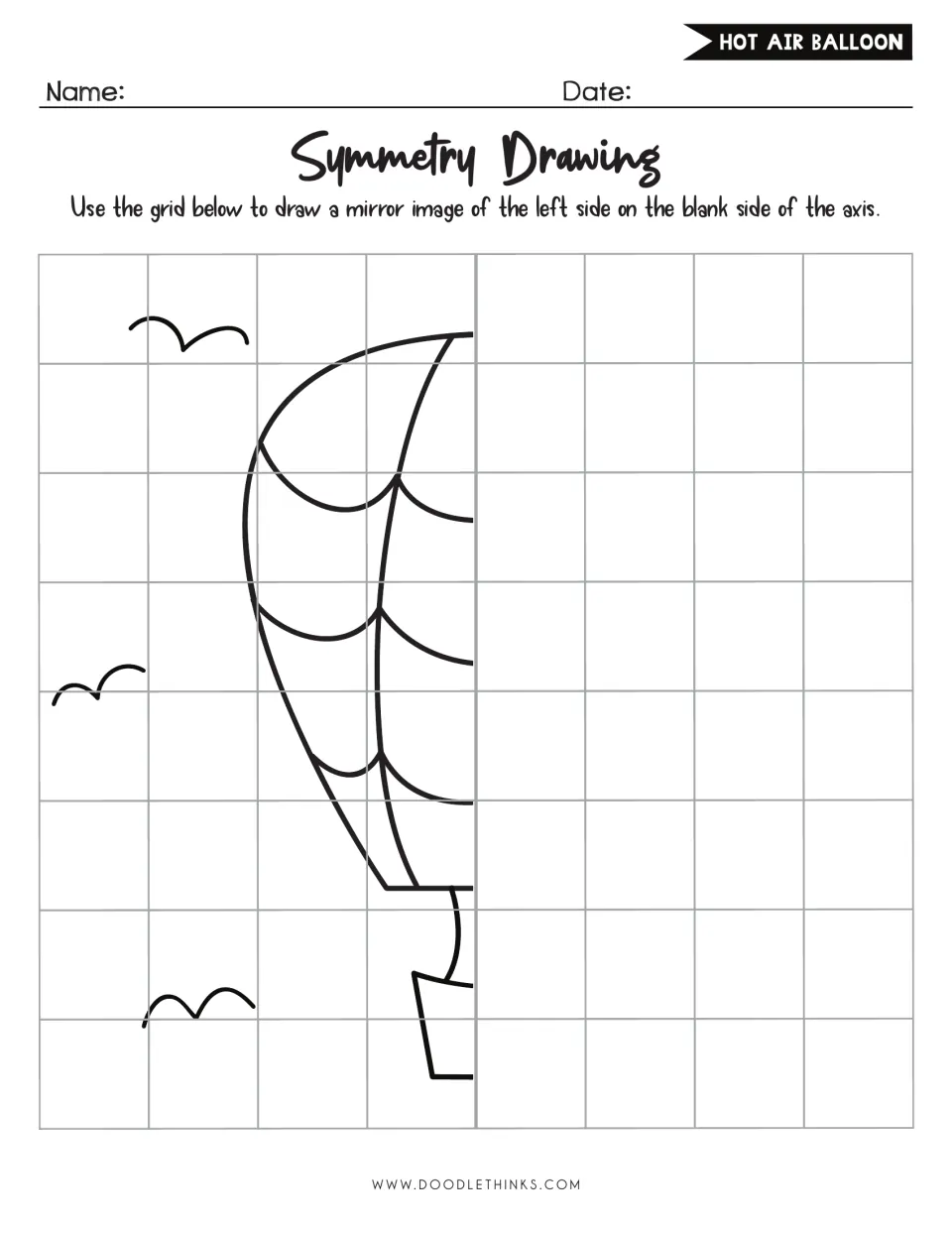 Hot air balloon symmetry drawing: students mirror the left half of a balloon, basket and birds across the vertical axis